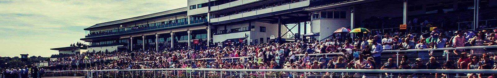 Crowds of people watching racing at Chepstow Racecourse.